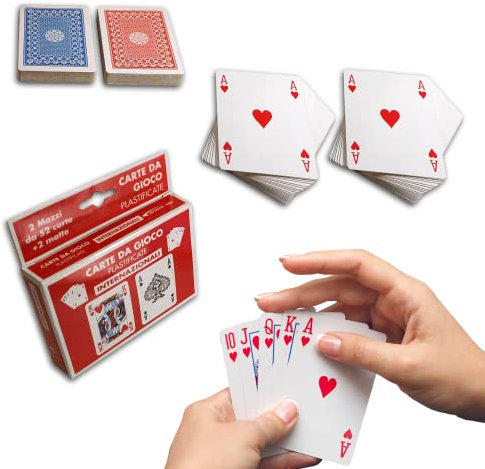 Carte da Gioco Ramino, Mazzo di Carte Francesi – 2 Mazzi da 52 Carte + 2 Matte Rosso/Blu – Poker, Scala 40, Bridge, Texas Hold’em, Burraco, Durak, Mau Mau, Skat, Canasta