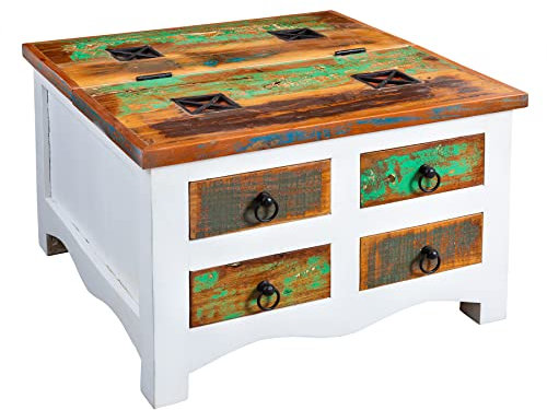 riess-ambiente.de Massiver Couchtisch Jakarta 70cm Mango weiß bunt Truhe aus recycelten Fischerbooten Holz mit Schubladen