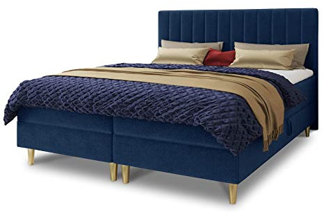 Boxspringbett Gold mit 2 Bettkästen und Topper - Doppelbett, Bonell-Matratze, Polsterbett, Bett mit Matratzentopper, Schlafzimmer, Velours Stoff (Blau (Manila 26), 180 x 200 cm)