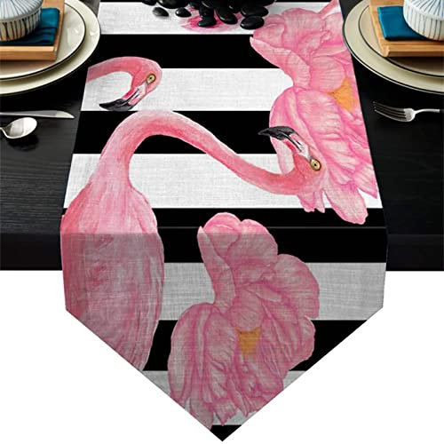 Stfery Chemin de Table Anniversaire Age, Chemin de Table Lin Coton Rose Noir Blanc 36x183CM Zèbre et Flamant Rose Interieur