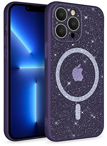 Newseego Glitter Clear iPhone 13 Pro Case for Girls Women [Compatible for MagSafe], Magnetic Phone Case Cute Sparkly Bling Slim Shockproof Camera Protection Bumper Cover for iPhone 13 Pro-Purple