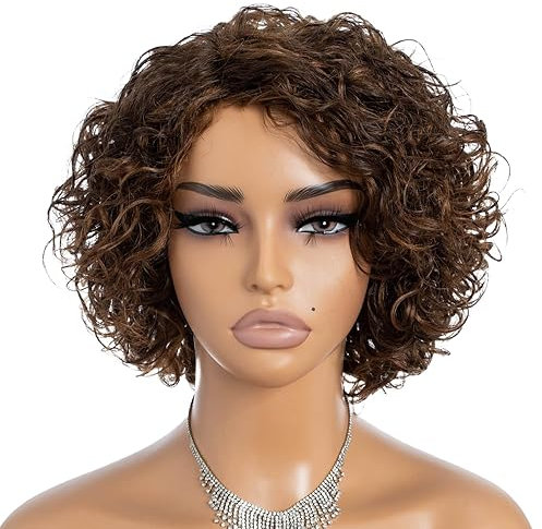 Rebecca Fashion Short Curly Human Hair Wigs for Black Women Side Part Cute Curly Bob Wig Brazilian Remy Non Lace Glueless Wigs Natural Looking Ombre Brown Color