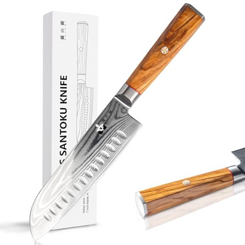 FUJUNI Damast Küchenmesser, Damastmesser Santoku Messer Mit Extrem Scharf 18 cm Klinge Aus 67 Lagen VG-10 Damaststahl Kochmesser, Olivenholzgriff, Geschenkbox