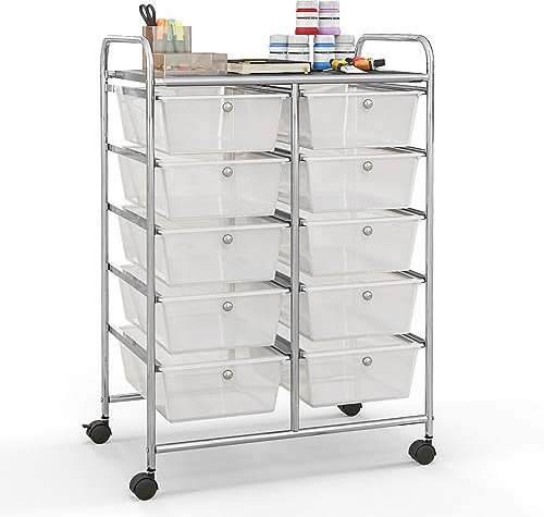 TANGZON 10 Drawers Storage Cart, Rolling Utility Cart with Lockable Wheels, Multipurpose Mobile Organizer Trolley for Home Office Stationery Beauty & Salon (Clear)