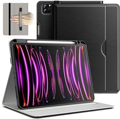 JETech Hülle für iPad Pro 11 Zoll 4/3/2 (Modell 2022/2021/2020), PU Leder Folio Schutzhülle mit Handschlaufe, Stifthalter & Tasche, Multi-Winkel Betrachtung (Schwarz)