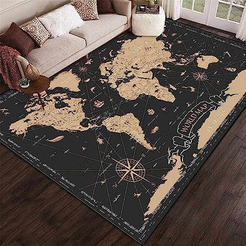 Teppich Wohnzimmer Teppich Kurzflor Modern Design rutschfest Waschbar Teppich Für Schlafzimmer Bodenmatte Innen Und Außen Teppich Weltkarte Im Vintage-Stil 200 X 300 cm