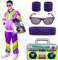 Alaiyaky 80er Jahre Outfit Set, 90er Jahre Outfit Damen Herren 80er Trainingsanzug mit Jacke Hose Schweißbänder Brille Aufblasbarer Ghettoblaster, Bad Taste Outfit für Karneval Mottoparty (Lila, S)