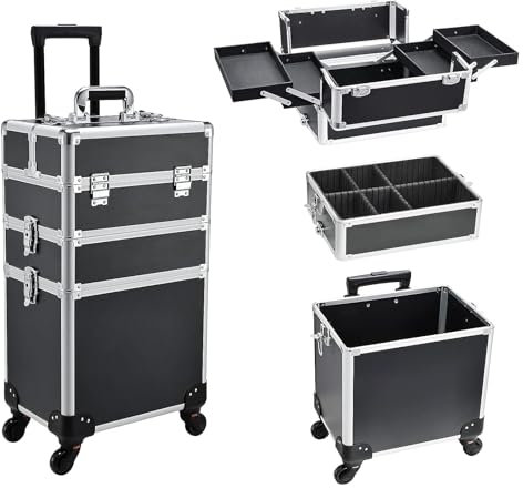 3 in 1 Hairdressing Trolley On Wheels Beauty Trolley Makeup Trolley Case On Wheels Make Up Rolling Box Vanity Suitcase Nail Technician Make Up Case, Black