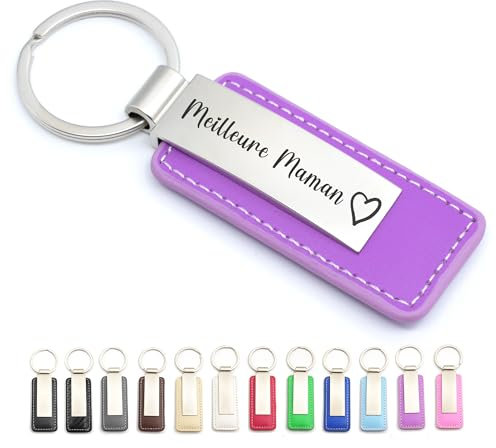 Porte-clés personnalisé en cuir et métal - Idée cadeau homme femme ou couple, cadeau personnalisé porte clé marraine parrain, cadeau père, mère (Violet - Avec personnalisation)
