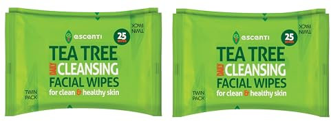 Tea Tree Daily Cleansing Facial Wipes Twin Pack - Gentle Cleansing, Removes Makeup, Dirt, and Impurities - Enriched with Tea Tree and Peppermint Oil by Escenti (12, Tea Tree Facial Wipes, 20 Pack x 2)