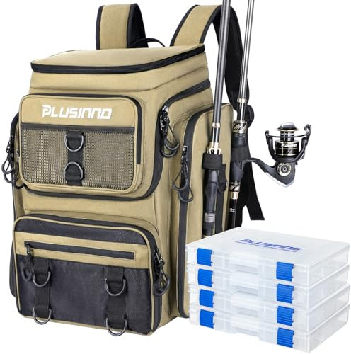 PLUSINNO Zaino da Pesca Con Porta Canna, 42 L, Grande, Resistente All'acqua, Borsa per Attrezzatura, Campeggio, Escursionismo, Regali per Uomini e Papà, Khaki (4 Scatole)