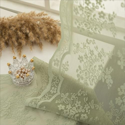 YJ YANJUN Durchsichtige Vorhänge, 229 cm lang, 2 Paneele, Blumenstickerei, durchscheinende Vorhänge, hellgrüne Spitze, Rebe, Tüll, Voile, Fenstervorhänge, Boho, ästhetisches Dekor, 132 x 228 cm