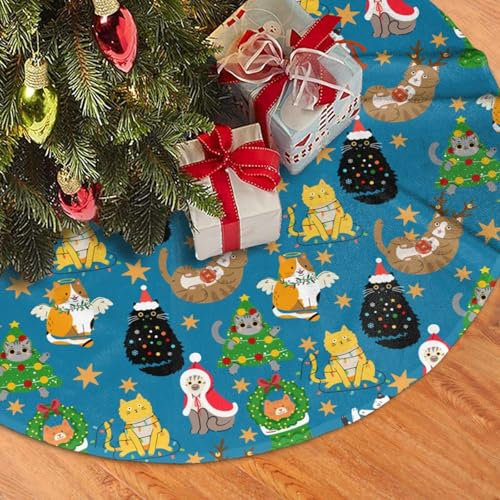 Jupe de sapin de Noël en forme de chats mignons - 121,9 cm - Jupes de sapin de Noël - Tapis de Père Noël - Fournitures de fête, Nouvel An, décorations pour mini petits crayons et grands arbres - Bleu