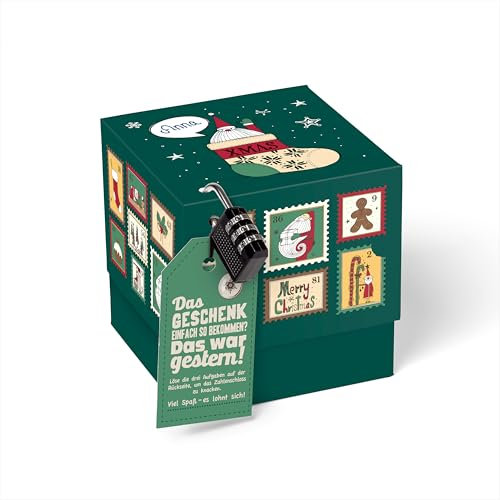 SURPRISA Geschenkbox für Weihnachten – Rätselbox und Alternative zu Geschenkpapier Weihnachten, Geldgeschenke Verpackung im nostalgischen Briefmarken-Design, Größe S (12cm)