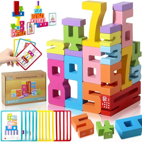 PICKONA hölzerne Zahl Bausteine - 20 Stück Zahl Bausteine Set mit 15 Lernkarten für Kinder, Zahl Blöcke Spielzeug, kreative Montessori inspirierte hölzerne Zahl Blöcke Geschenk für Kinder
