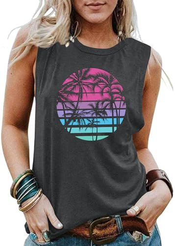 VVNTY Hawaiian Tank Tops for Women Palm Trees Beach Vest Sunset Graphic Tops Summer Vacation Sleeveless Outfits (grey1,XXL)