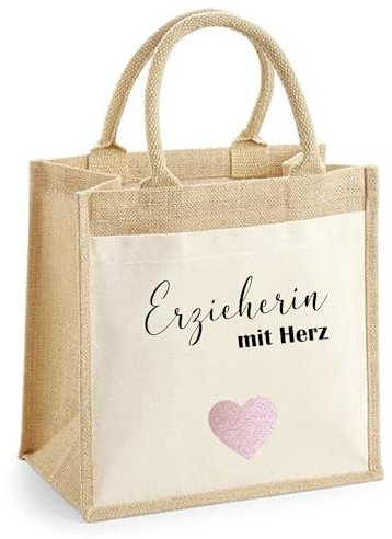 minimutz Geschenk Dankeschön Erzieherin mit Herz, Tasche Baumwolle Abschiedsgeschenk, Kleine Geschenktasche Abschied Kita Kindergarten, S (20x20x10 cm)