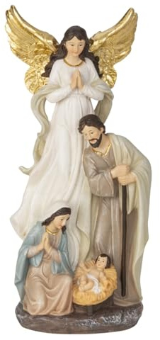 MF Heilige Familie Krippenfigur mit Engel, Polyresin, Mehrfarbig mit Goldakzenten, 20 cm, Weihnachtsdekoration für Innenräume