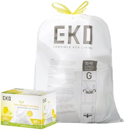 EKO 21 Gallon / 50-90 Liter, 60 Count Drawstring Trash Bags, Extra-Strong Garbage Bags, Lemon Zest Scent with Continuous Odor Control, Easy-Dispense Roll for Kitchen and Household Use, Code G, White