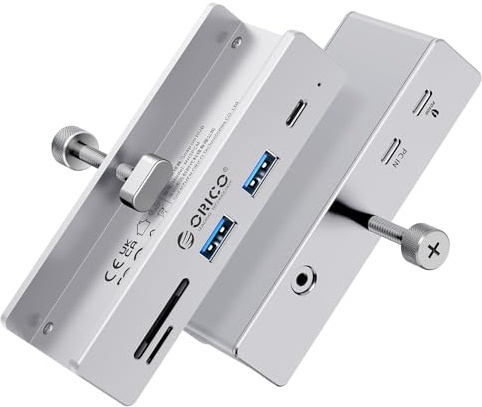 ORICO Alluminio USB 3.2 Hub Clip con Puerto PD 60W, 10Gbps 6 Puertos Distribuidor USB con 2 Tipo A 3.2 y 1 Tipo C3.2, SD/TF 3.0, AUX, Cable de 100cm por Monitor, Escritorio