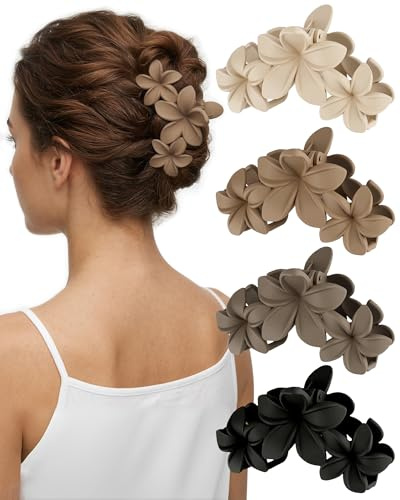 lulir Haarklammer Groß 4PC,Haarklammer Blume, Haarspangen Damen Dünnes Haar | Hawaiianische Blumenklammer, 9,5cm Haarklammern, Hair Clips für Dickes Haar,Haarspangen für Frauen mit Starkem Halt-4 Farben