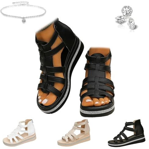 Sandalias de gladiador de cuña con diamantes de imitación para mujer, cómodas, ligeras, con cremallera, con plataforma hueca, transpirable, de piel, antideslizantes, informales, con tiras, Black, 38