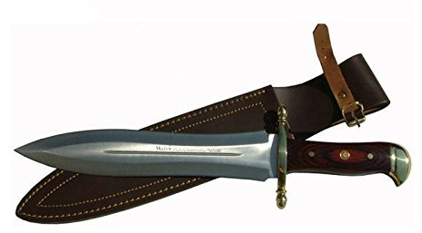 ELECTROPOLIS Cuchillo de Caza Muela Podenquero PODENQUERO-M, cachas de Madera prensada Coral y latón, Hoja de 26 cm + Tarjeta Multiusos de Regalo