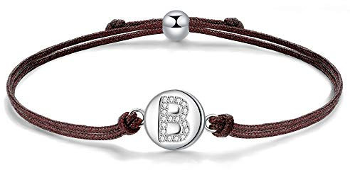 J.Endéar Kordelarmband mit Buchstabe B für Damen Silber 925, Zirkonia Armband Mädchen, Verstellbares Armband Jungen Schmuck