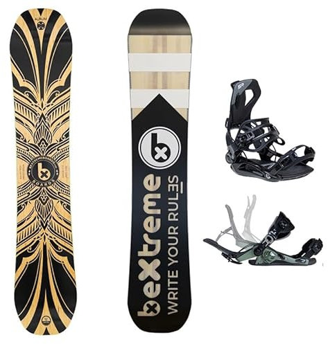 BEXTREME Pack Tabla Snowboard Freestyle Aurum con Fijaciones SP Private. Snow Wide para Hombre y Mujer Fabricado con Bambu, Haya y álamo. (Fijaciones SP 45-47 EU, 152cm)