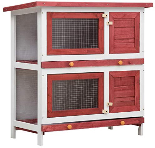 Festnight Kaninchenstall 4 Türen Kleintierhaus Outdoor Doppelstockhaus Witterungsbeständig Hasenstall Kleintierstall Kaninchenstall Hasenkäfig Stall Kaninchen Meerschweinchen Tierstall Rot Holz