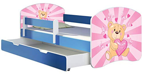 ACMA Kinderbett Jugendbett mit Einer Schublade und Matratze Blau mit Rausfallschutz Lattenrost II 140x70 160x80 180x80 (10 Teddybär, 160x80 + Bettkasten)