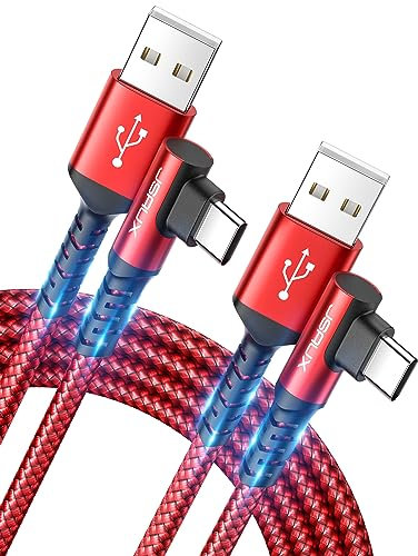 JSAUX Câble USB C (2M, Lot de 2) Angle Droit Chargeur USB Type C Charge Rapide Nylon Tressé Compatible avec iPhone 16 15 Pro, Samsung Galaxy S25 S24 S23 Ultra A55 S22, Android Auto-Rouge