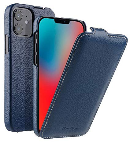 MELCKO Hülle passend für Apple iPhone 12 MINI (5,4 Zoll), Handyhülle mit beschichtetem Leder, Flip-Case, Schutzhülle klappbar, dünne Handy-Tasche, Slim Cover, Blau
