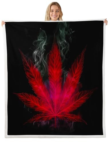 Marijuana Throw Blanket Red Cannabis Leaf Printed Bed Blanket, for Adult Women Teens Marijuana Weed Leaf Fleece Blanket Exotic Leaves Rustic Soft Boho Trippy Hippie Sherpa Throw Blanket, Queen