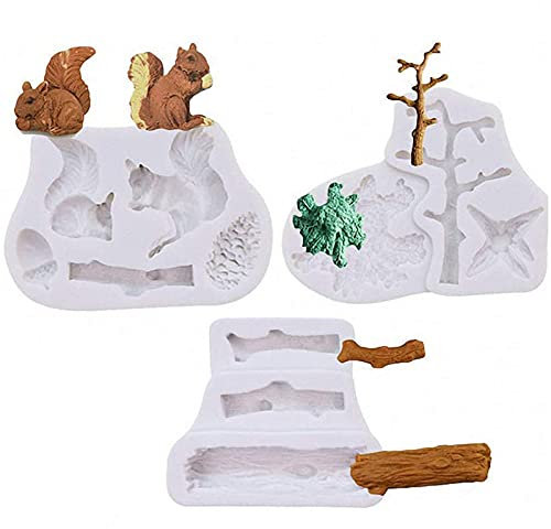 DUBENS Lot de 3 moules en silicone en forme d'animaux de la forêt pour fondant, écureuil, chocolat, bûcheron, bois de pin