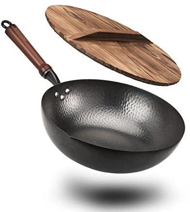 BIELMEIER Wokpfanne, 31,8 cm, Karbonstahl, flacher Boden, Wok mit Deckel, passend für alle Herde