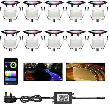 YZGWZLD RGB LED Decking Light, Bluetooth APP Waterproof Plinth Deck Lights,10 Packs Ø30mm High Brightness Buried Garden Light for Decking Lighting, Kitchen Plinths, Bathroom Lights