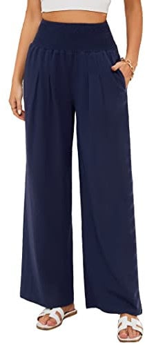 Famulily Summer Trousers for Women UK Straight High Waisted Linen Beach Cover Up Pants Navy Blue XXL