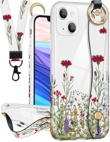 LISEVO (2in1 Blumenhülle mit Gurt für iPhone 13 6,1 Zoll süßes ästhetisches BlumenDesign, Loopy Girly Frauen Hüllen BlumenHandschlaufe Mädchen Griff Fingerschlaufe Handyhülle + Umhängeband für