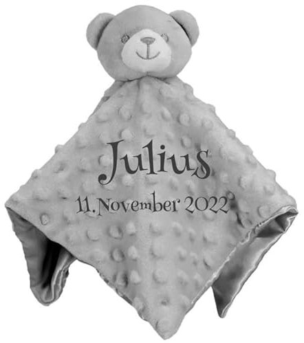 Wuff-Dogsworld Baby Kuscheltuch VIELE Modelle mit Namen Bestickt Geschenk Taufe Geburt Schmusetuch Schnuffeltuch Trösterchen Junge Mädchen (grau Teddy)