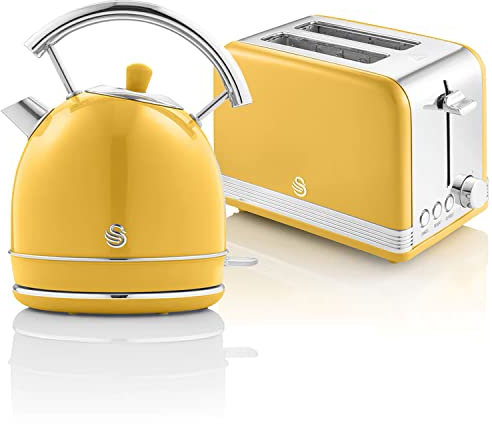 Swan Retro Set Frühstückswasserkocher 1,8L Kabelloser Wasserkocher mit Edelstahl-Heizelement, 2 Scheiben Breitschlitz-Brottoaster, 6-Stufiger Toastregler, Vintage Design, Gelb