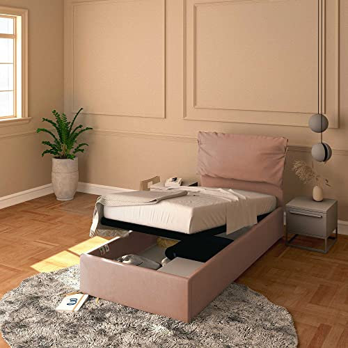 Baldiflex Letto Singolo con Contenitore Modello Licia Soft in Tessuto, Rete a Doghe, per Materassi Singoli 90x190 cm, Testiera Finemente Imbottita, Colore Rosa Antico