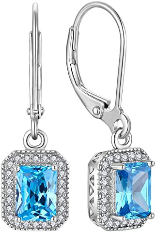 YL Damen Ohrhänger 925 Sterling Silber März Geburtsstein Aquamarin Quadrat Ohrringe