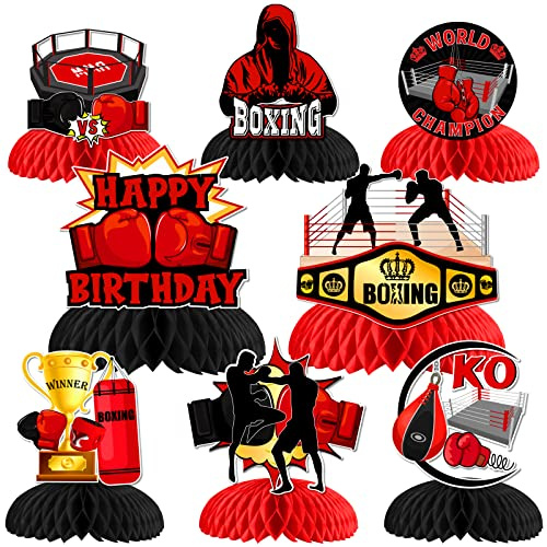 JOYMEMO 8-Stücke Honigwabe Mittelstücke für Boxen Match Geburtstagsparty Dekorationen Rot Schwarz Gold, Boxhandschuhe Plattform Tischdekoration
