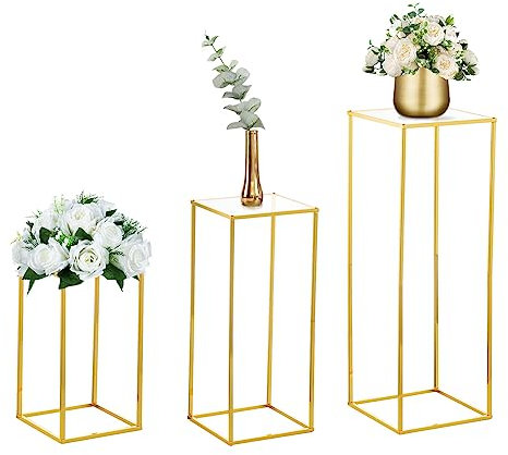 Nuptio Goldene Vasen für Tafelaufsätze, Hochzeit, mit Acrylplatte, 3 Stück, 40 cm, 60 cm, 80 cm hoch, Metall-Blumenvasen, Blumenständer, elegante Masse, Hochzeitsdekoration, Tisch, geometrischer