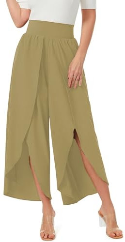 ASKSA Damen Weite Hosen Breite Bein Schlitz Rüschen Yogahose Lange Loose Sport Hosen Sommerhose (Khaki,M)
