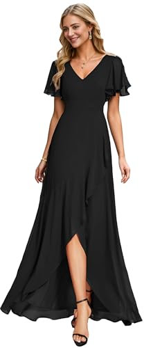 Ever-Pretty Women's Bridesmaid Dresse V Neck Maxi Asymmetrical Short Sleeves Black 16