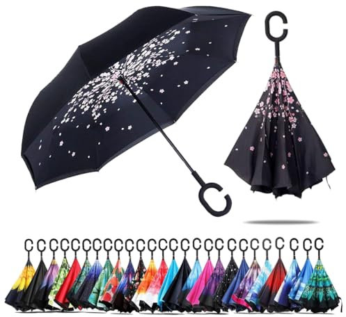 CICILIAYA Doppelschichtiger, faltbarer umgekehrter Regenschirm, selbststehend, umgedrehter Regenschutz, Auto-Umkehrschirme mit C-förmigem Griff, großer gerader Regenschirm, Rosa 2, Medium