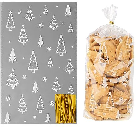 COLOFALLA 100 Stücke 14.5x24cm Weihnachten Cellophantüten Weihnachten Zellophantüten Kekstüten Weihnachtsbaum Plätzchentüten Groß Weihnachtstüten Keksüten Transparent Geschenktüten zum Befüllen