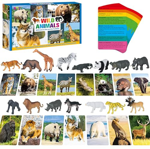 Ensemble de 15 Figurines d'animaux de Safari avec 15 Cartes de présentation, Figurines réalistes d'animaux de Zoo, Jouets Montessori, Jeu éducatif de Correspondance Scientifique pour Les Enfants